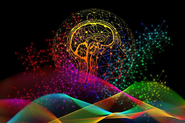 Human brain with colorful abstract lines and shapes