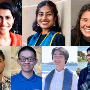 from top left and clockwise: headshots of Diba Mirza, Aesha Parekh, Sierra Wang, Alex Mei, Henry Zhang, Eric Yuan, and Siddharth Deshpande